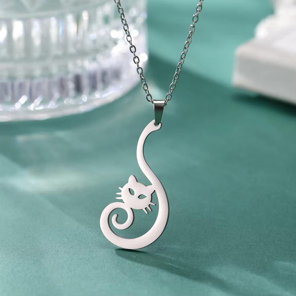 Teamer Cat Kitten Pendant Necklace Stainless Steel Pet Animal Necklace Cute Funny Cat Daily Jewelry for Women Girls No Rust