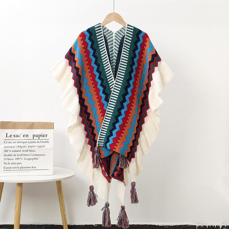 Ruffled Ethnic-Style Knitted Shawl for Travel - Warm & Thickened