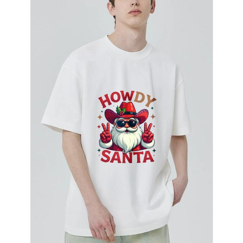 Christmas T-Shirt Black Howdy Santa with Cowboy Hat and Sunglasses Peace Signs Holiday Party Wear