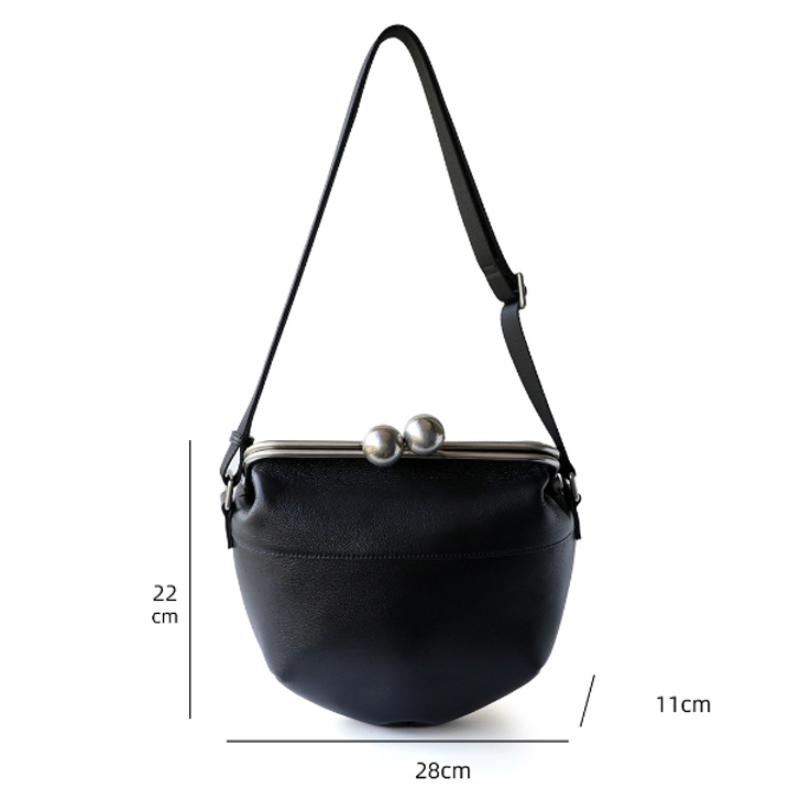 Women's Exquisite Clip Bag Luxury Genuine Leather Metal Ball Buckle Decor Bag  Retro Kiss Lock Bag Simple Shoulder Crossbody Bag