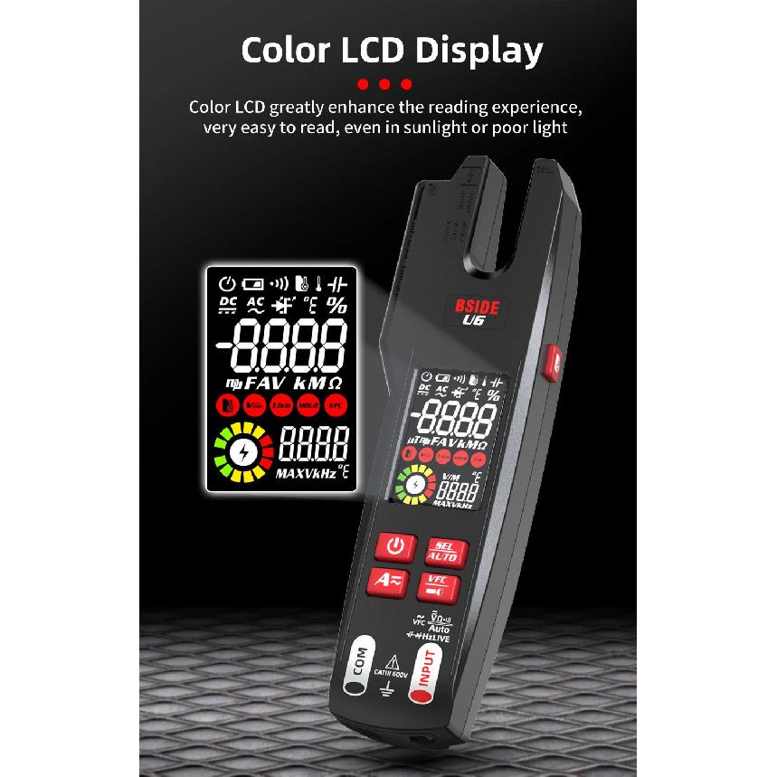 BSIDE DC AC Clamp Meter Electrical Amp Tester Open Jaw Ammeter, Infrared Thermometer with Smart Mode, 9999 Counts Multimeter VFC