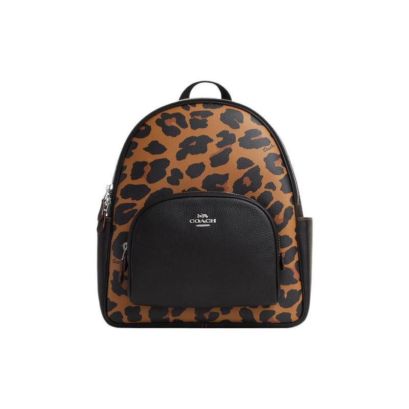 

COACH Court 27 Letter Logo Leopard Print Zipper Closure Canvas and Pebbled Leather Backpack Backpack Large Women s Black with Yellow Brown чорний