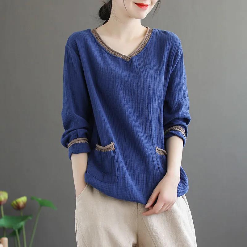 Maglietta da donna in cotone a fiori con scollo a V a maniche lunghe per primavera e autunno Topirt da donna ampio taglia grande