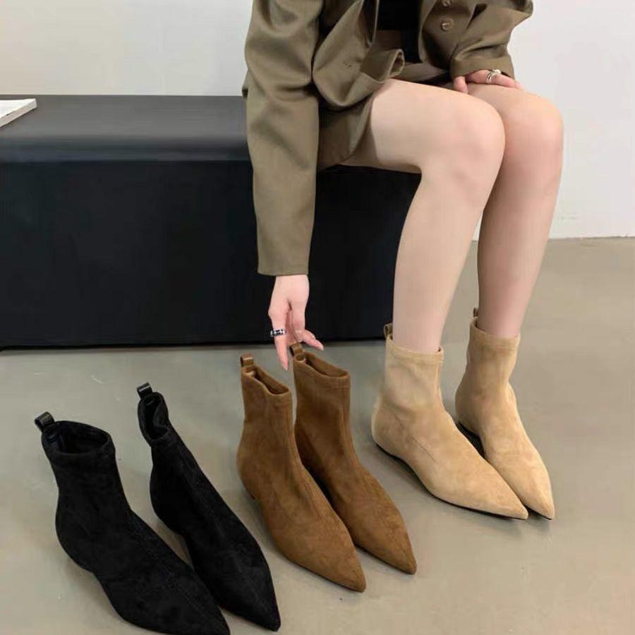 Flat bottom European design suede short boots socks boots flat heel temperament matte pointed simple thin boots