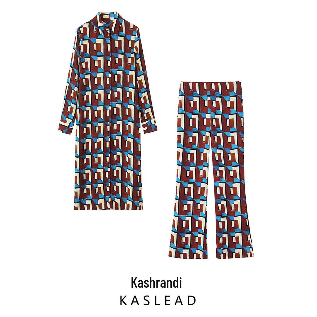 

Spring 2025 Women s European & American Style Print Long Shirt with Flare Pants S