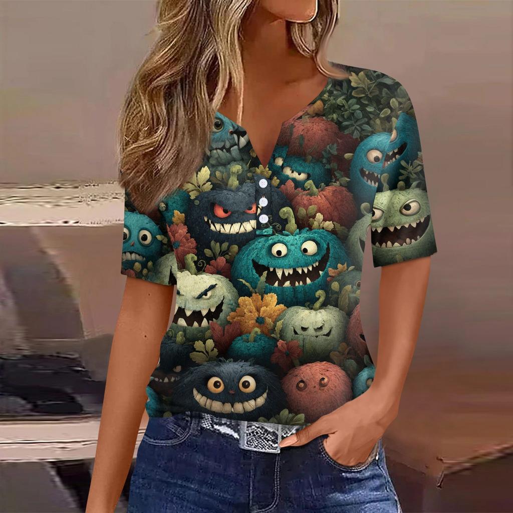 Damen T-Shirt Halloween Bedruckt Knopf Kurzarm Tunika Täglich Wochenende Mode Basic V-Ausschnitt Reguläres Oberteil