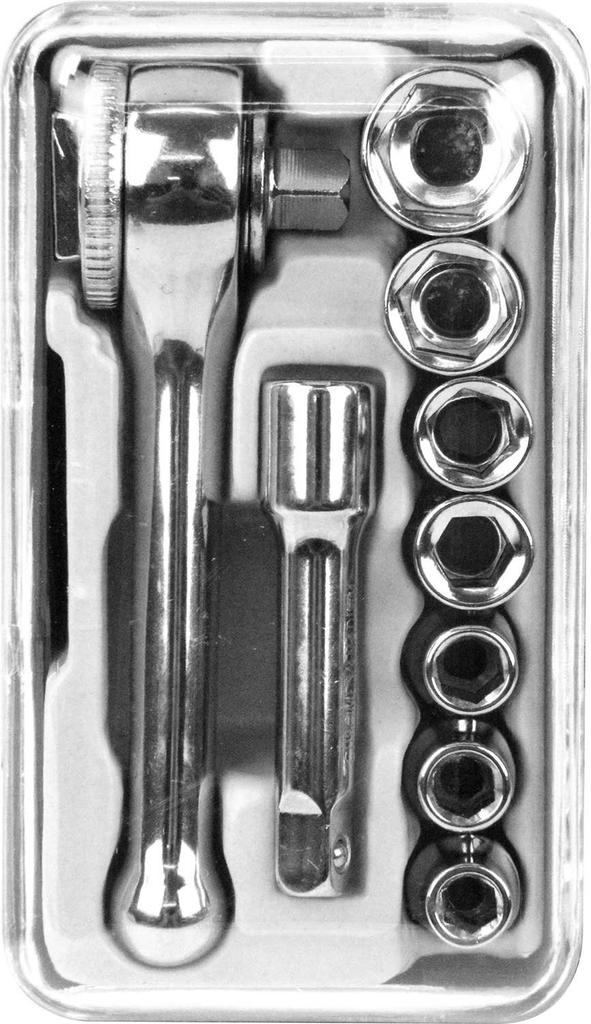 Socket Wrench with Stubby Ratchet for Bicycle and Motorcycle Maintenance E-Value 9-Piece Set, 6.35" (1/4") Drive, Handle, (ETS-209)