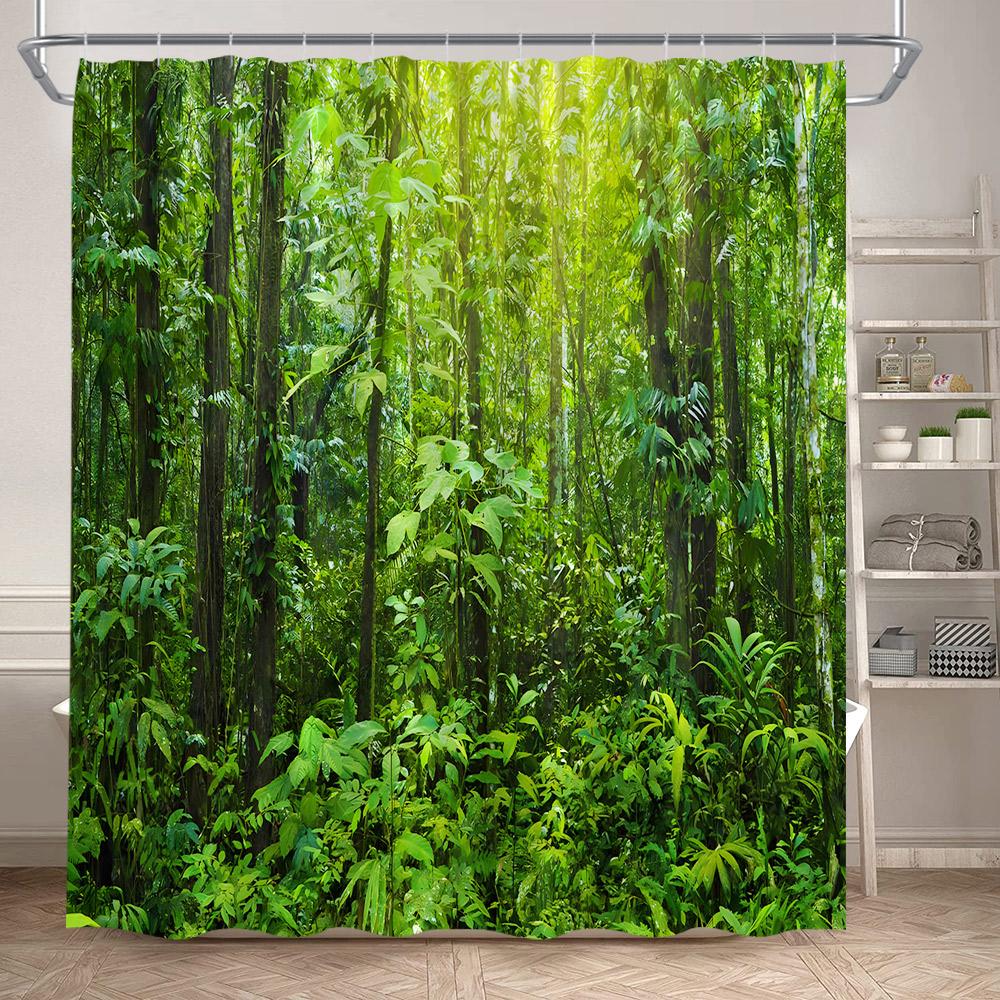Forest Landscape Shower Curtains Tropical Jungle Palm Plants Waterfall Nature Scenery Fabric Bathroom Curtain Decor With Hooks