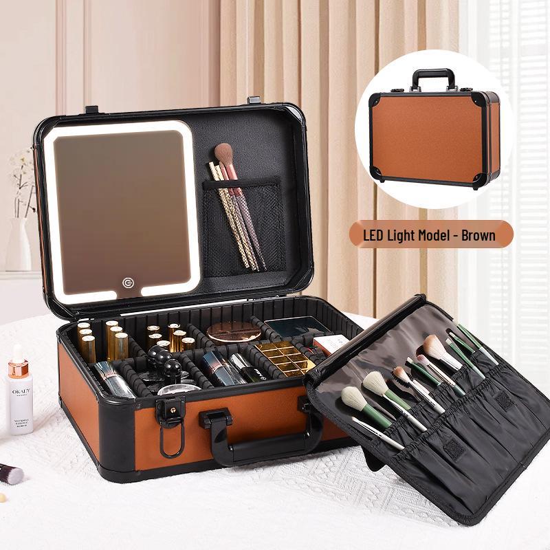Portable Makeup Case with Mirror & Lights, Handheld Cosmetic Storage, Professional Makeup Artist's Hanging Suitcase.