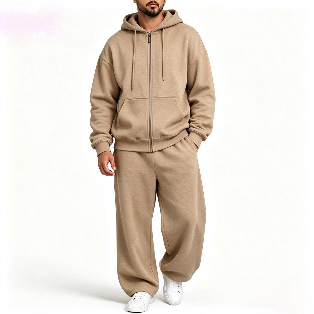 Men's Casual Tracksuit Set Hooded Full Zip Long Sleeve Hoodie Wide Leg Pants Solid Color