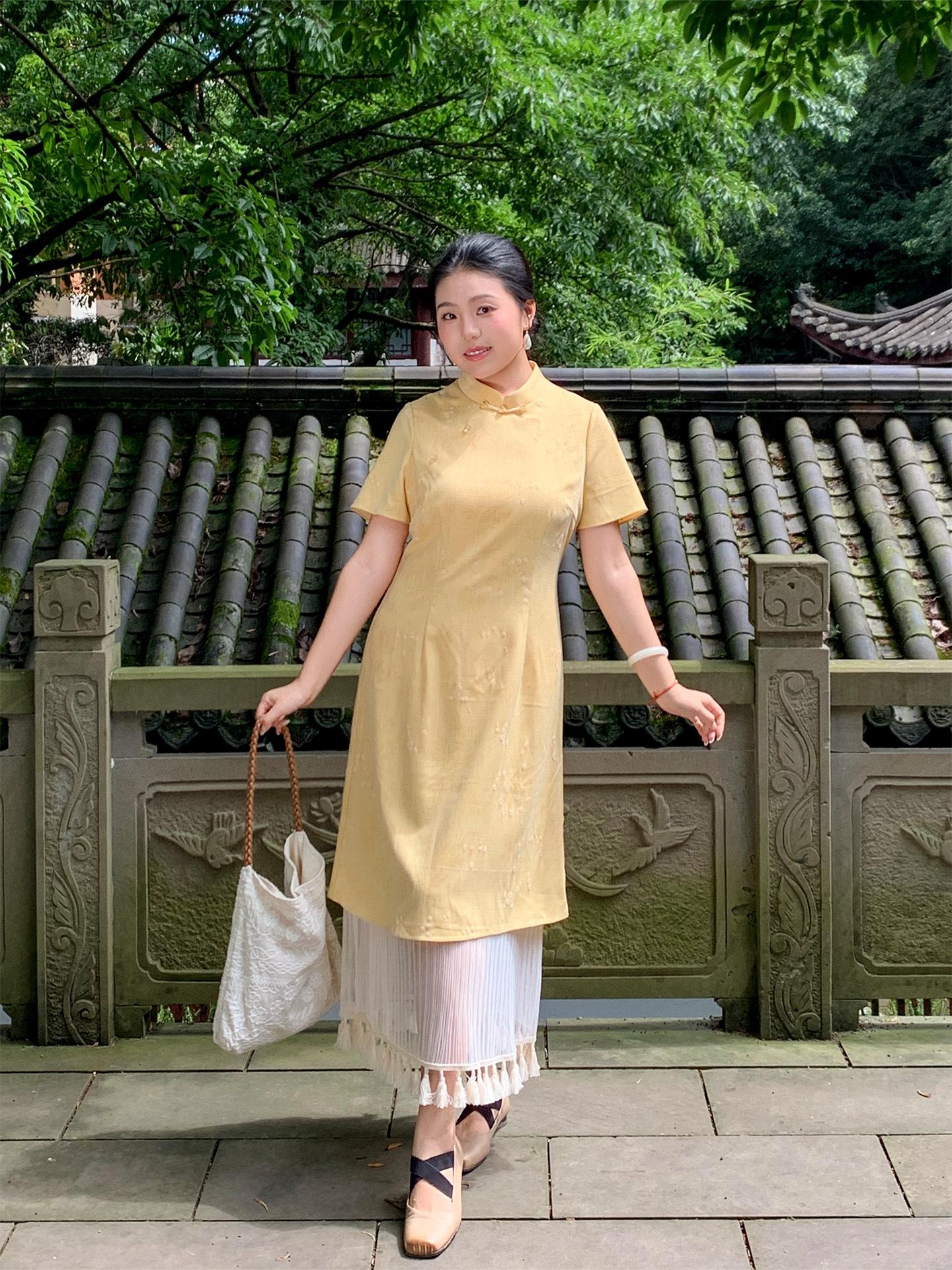 8 Guofeng new Chinese-style disc buckle printing splicing skirt women s summer new fat mm temperament large size cheongsam L( 55-65kg )