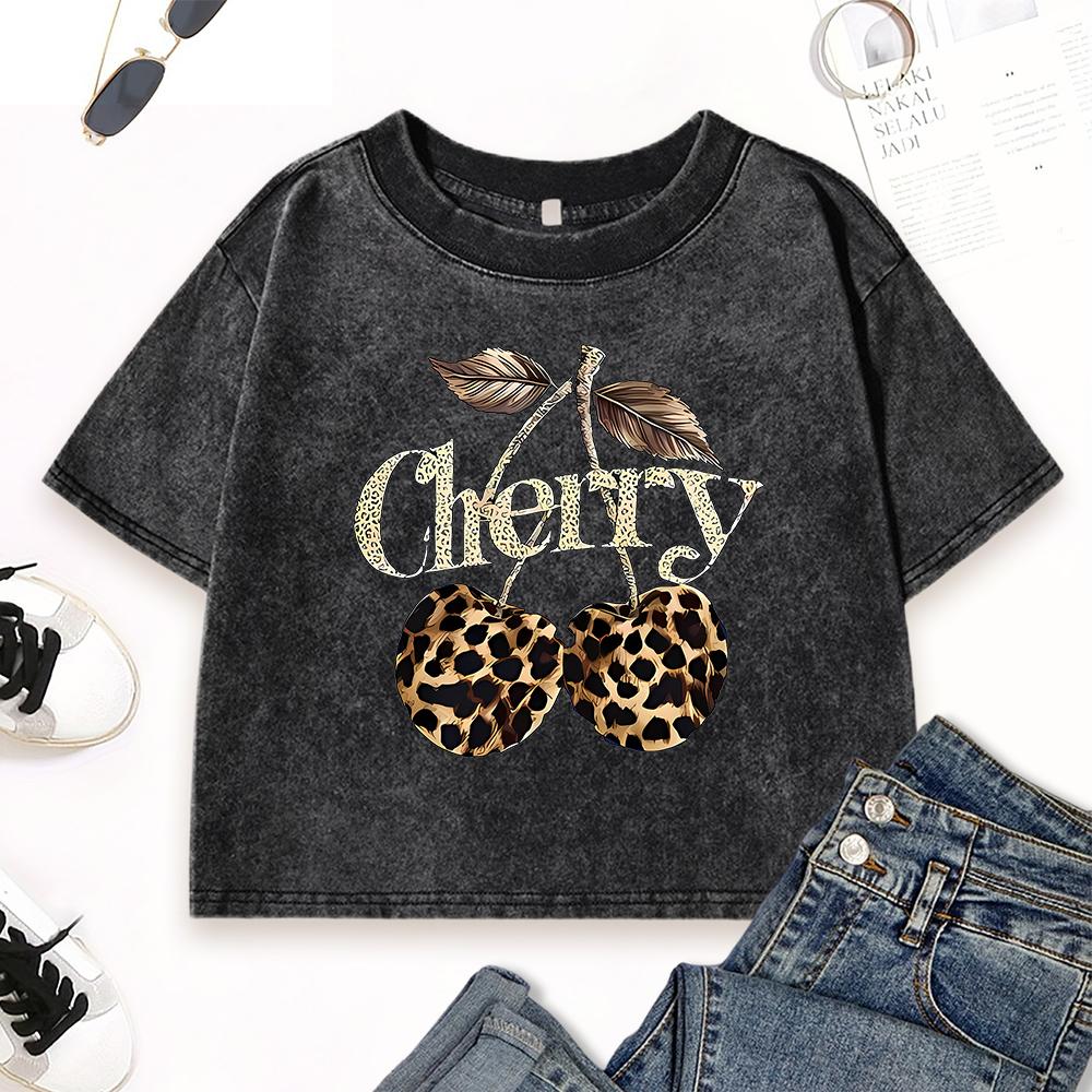 Leopard Texture Cherry Printed Washed T-Shirt Women O-Neck Crop Top Crewneck T Shirts Woman Cotton Casual Clothing