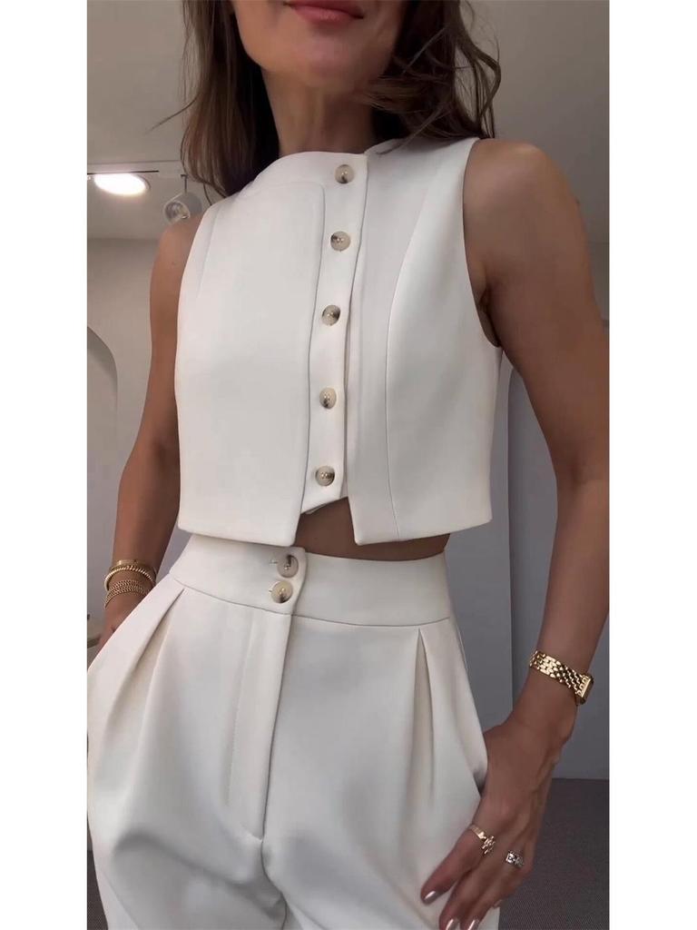 Europäische & Amerikanische Damenmode 2024 Frühling/Sommer Ärmelloses Top & Hochtaillierte Cropped-Hose Set