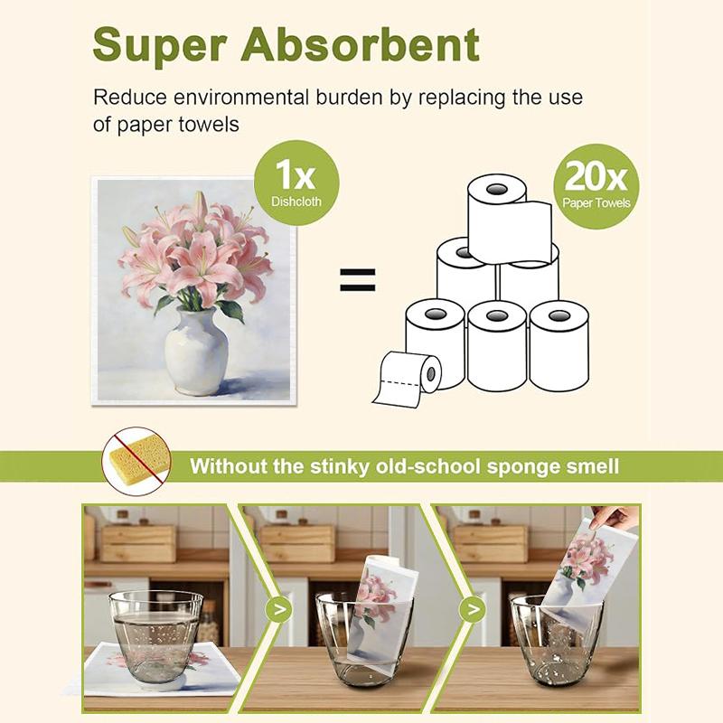 6PCS Cleaning Dishcloths Reusable Kitchen Dish Towels Absorbent Arrange Flower Pattern Dishcloth Lint Free Cloth Washable Duster Rags Tea Towels