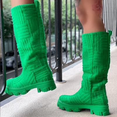 Stivali Lunghi Chic da Donna Design di Marca Stivaletti al Ginocchio in Spugna da Terry Signore Suola Spessa Rosa Verde Botas Tono su Tono