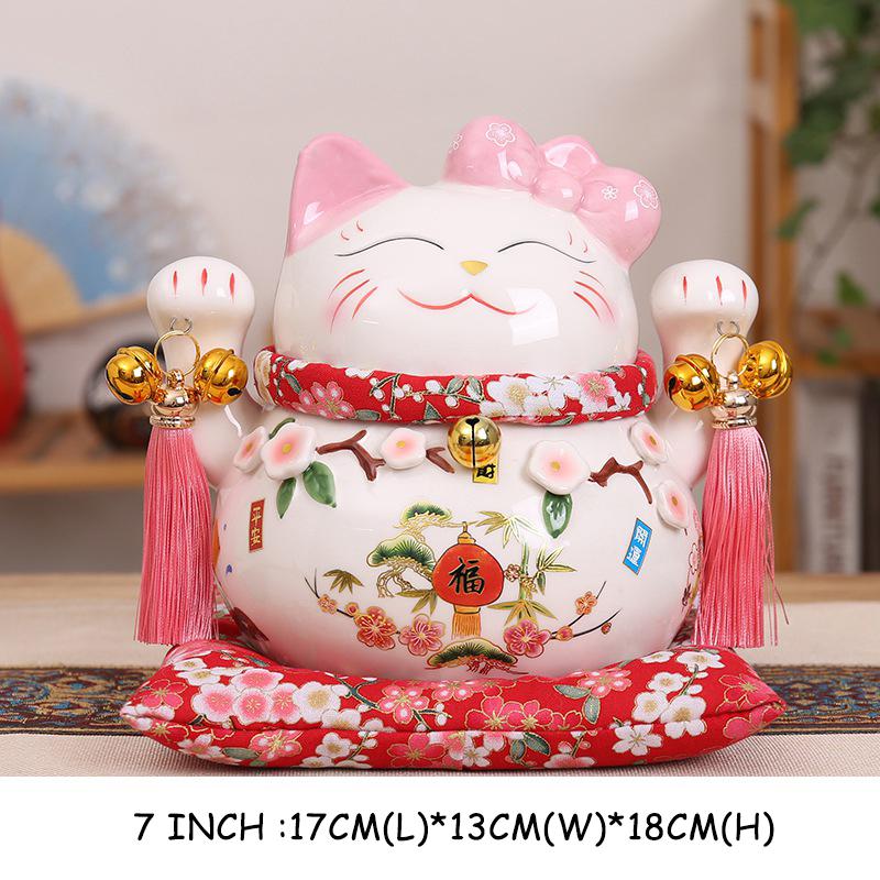 Ceramic Lucky Cat Money Bank Maneki Neko Fortune Cats Porcelain Happy Smiling Cat Figure Feng Shui Decor Ornament