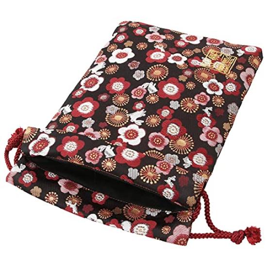 Senshishuin Nishijin Brocade Drawstring Bag Black Plum and Small Rabbit Medium Size (Lined) - Design,