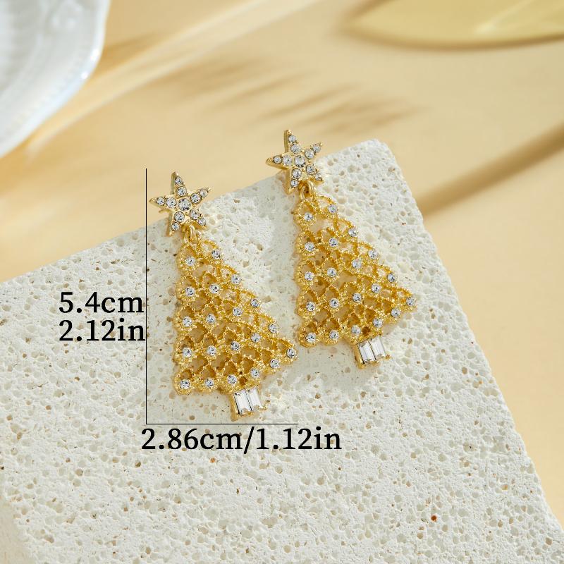 New Fashion Sweet Temperament Gold Color Christmas Tree Pendant Earrings for Women Christmas Light Luxury Shiny Party Jewelry