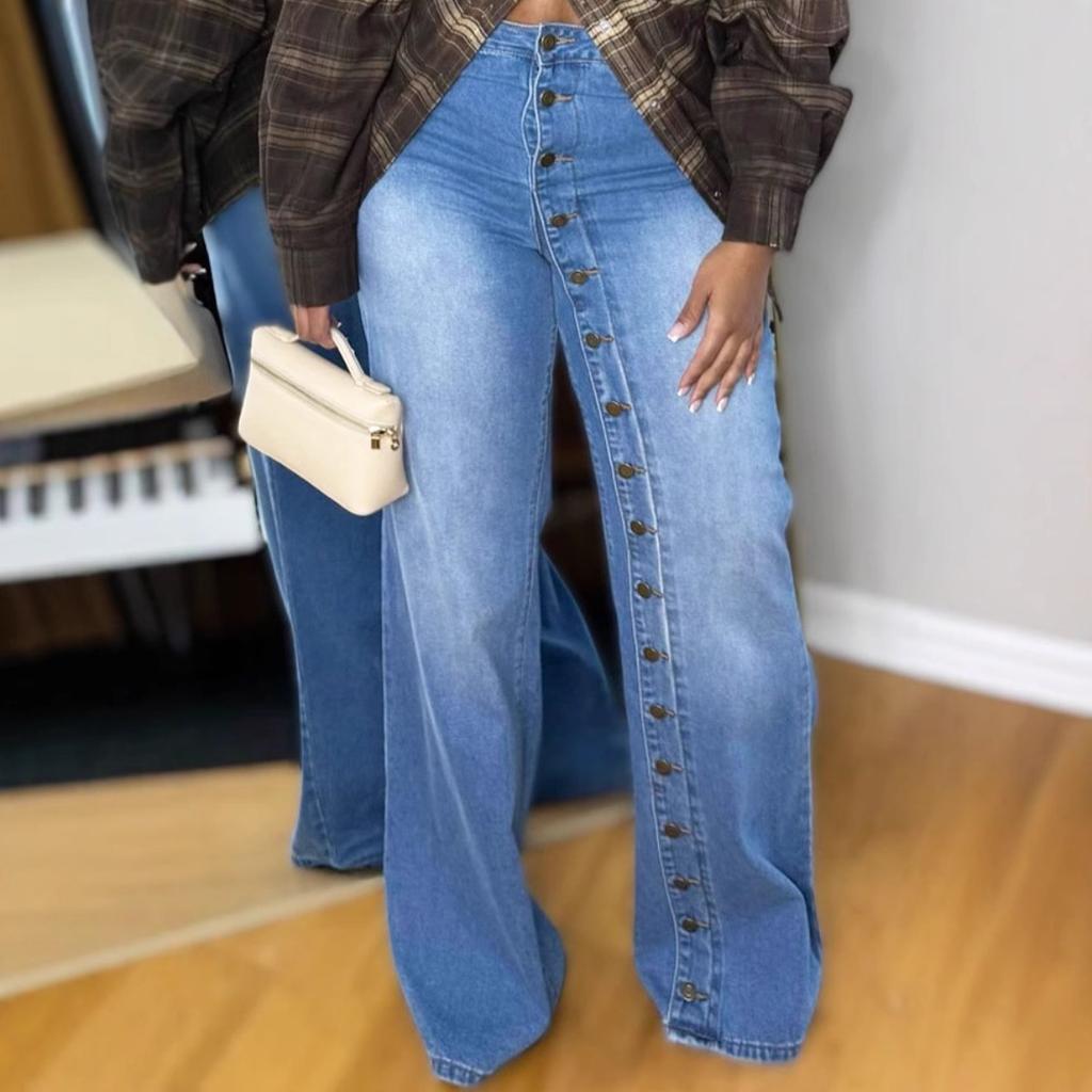 Pantaloni Jeans Larghi a Gamba Dritta a Vita Media con Multi Bottoni Streetwear a Vestibilità Larga da Donna per Primavera Abbigliamento Casual Quotidiano