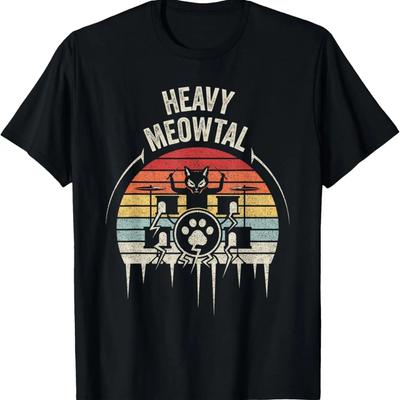 Vintage Retro Heavy Metal Drummer Cat Playing Drum Meowtal T-Shirt (2)