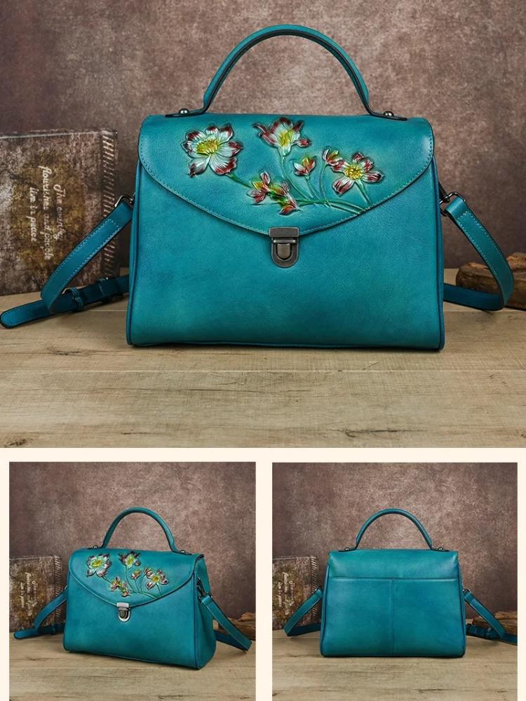 Johnature Chinese Style Genuine Leather Retro Embossed Women's Handbag With Large Capacity Shoulder Crossbody Bag
