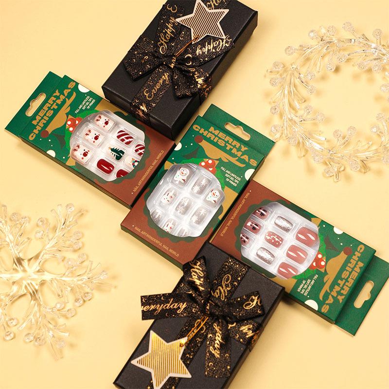Christmas Detachable Glitter False Nail Stickers – 24 Pieces