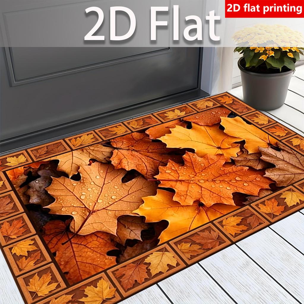 2D Flat Printing, 1pc Autumn Falling Leaves Checkered Bordered Mat, Comfortable And Soft Fleece Material, Machine Washable And Easy to Clean, Indoor A