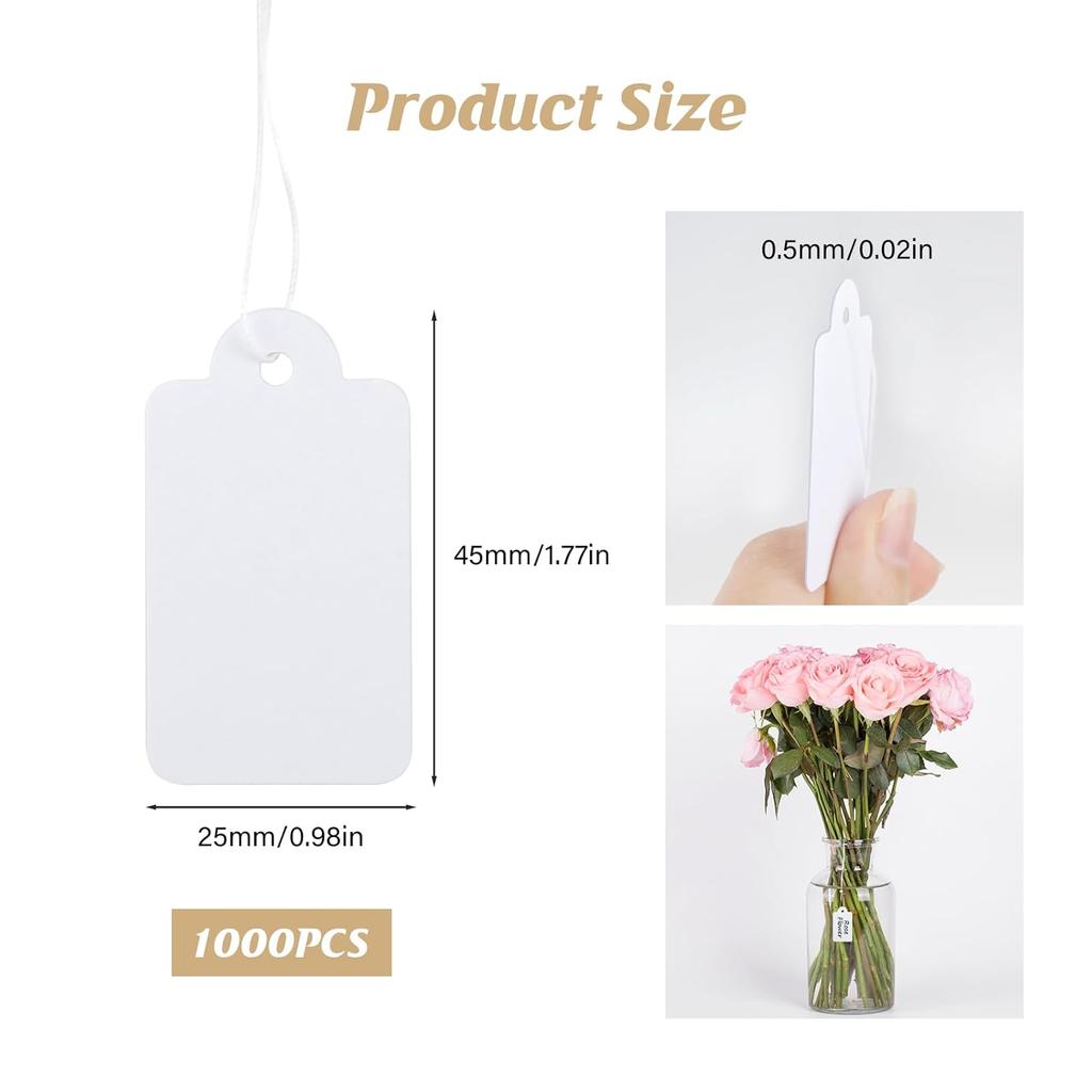 1000 PCS Price Tags with String Attached, 1.8 x 1 inch Small Blank Labeling Tags, White Marking Merchandise Strung Tags Writable Paper Tag for Present