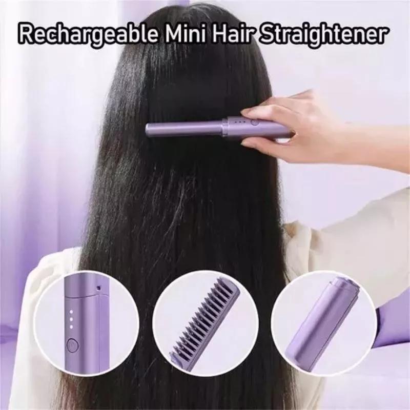 Mini Ionic Hair Straightener Brush, Rechargeable Electric Straightening Comb with 3 Heat Settings for Portable Travel