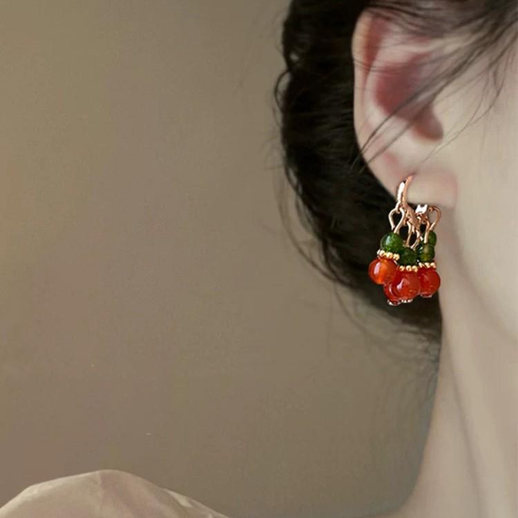 New Chinese court style beaded earrings, women's light luxury retro high-end ear buckles, square and round face, small earrings