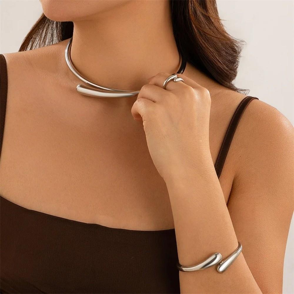 Metal Open Cuff Bangle Adjustable Women Rings Fashion Choker Necklace Party Grunge Jewelry Set
