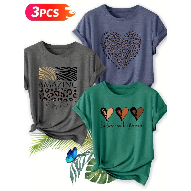 Three-piece set Elegant short-sleeved shirt for women Leopard print, zebra print“AMAZING”+ Wild love + Love and Peace Printed Round Neck Women's