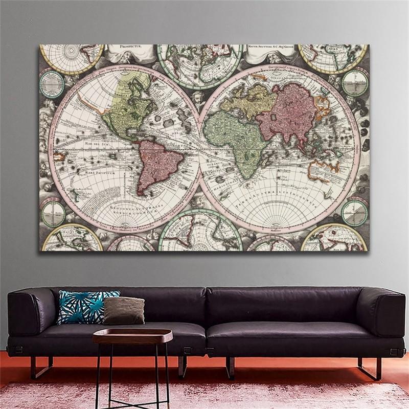 Vintage World Map Double Hemisphere Antique Canvas Wall Art Poster Prints for Living Room Decor Office Study Hanging Aesthetic Map