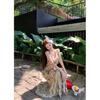 Retro Printing Backless V-neck Neck Dress for Women, Summer Pure Desire To Close the Waist, Fishtail Skirt, Slim-fitting Hip-wrapped Dress