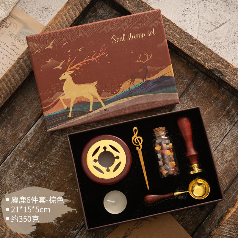 Wax Seal Stamp Kit Vintage Reindeer Gift Box Wax Furnace Seal Round Wax Set Wooden Handle Wax Seal Kit