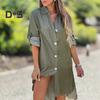 Denim Shirt Dress Shirt Collar Long Sleeves Women A-Line Style Dress Solid Color Single Breasted Knee-Length Dress