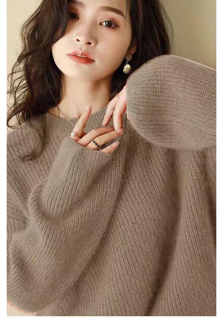 European Style Red Glitter Wool Sweater for Women - Round Neck, High-End, Thickened, Autumn/Winter