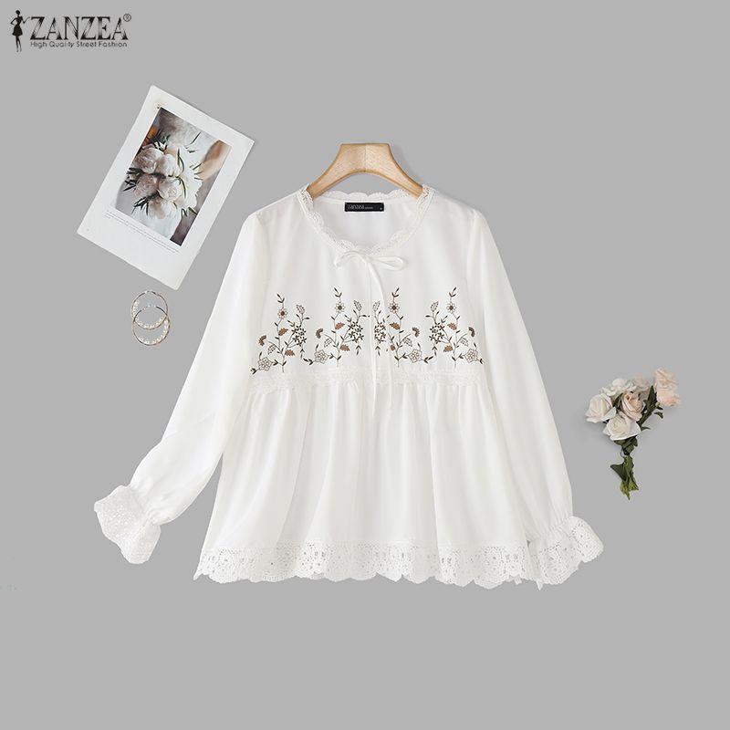 ZANZEA Women Casual Round Neck Long Sleeve Loose Print Blouse