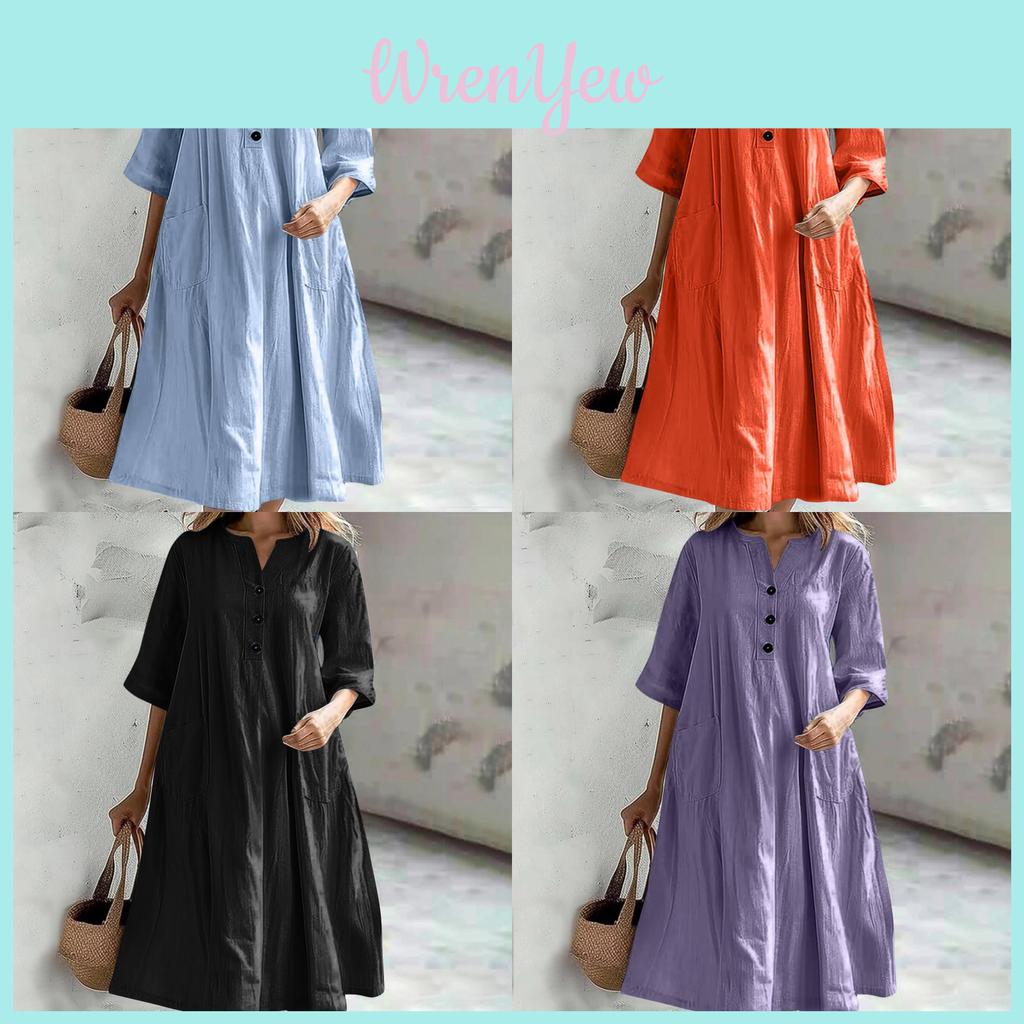 Casual A Line Dress With Pockets For Womens Autumn Style In Cotton Linen Fabric