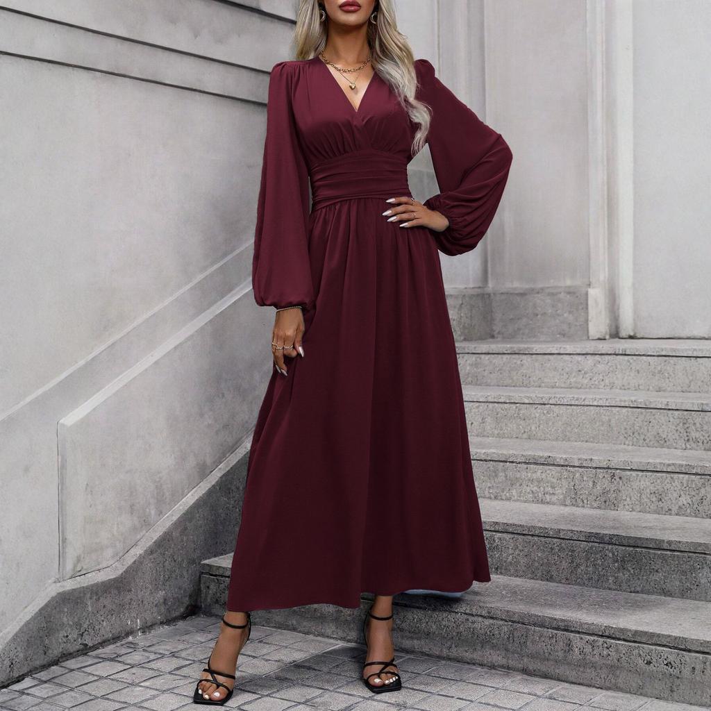 Women's Fashionable Color V-neck Long Sleeved Slit Dress