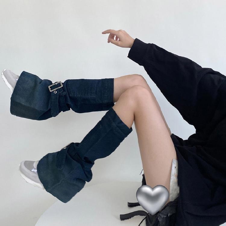 Women Japanese Punk Buckle Strap Leg Warmers Harajuku Aesthetic Streetwear Baggy Loose Denims Leg Sleeve Foot Covers