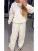 2024 Women's Casual Round Neck Long Sleeve Two-Piece Set with Hot Drill Detail and Drawstring Cuffs, Perfect for Autumn and Winter