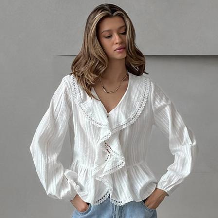 French white jacquard pure cotton ruffle V-neck shirt 1116 European and American summer fashion new wholesale top women