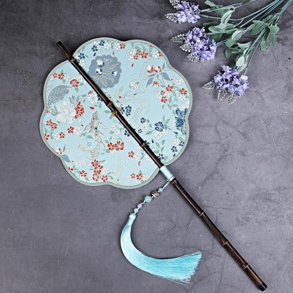 Chinese Ancient Style Black Bamboo Waist Fan Han Dynasty Circular Fan Chinese Style Long Handle Tassel Curling Folding Fan Classical Portable Wrist