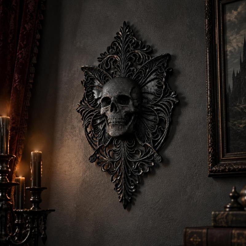 Halloween Skeleton Wall Art Black Skull Butterfly Wall Decors, Single-Form Plastic Plaque with Raised Relief and Intricate Scrolling Detail for