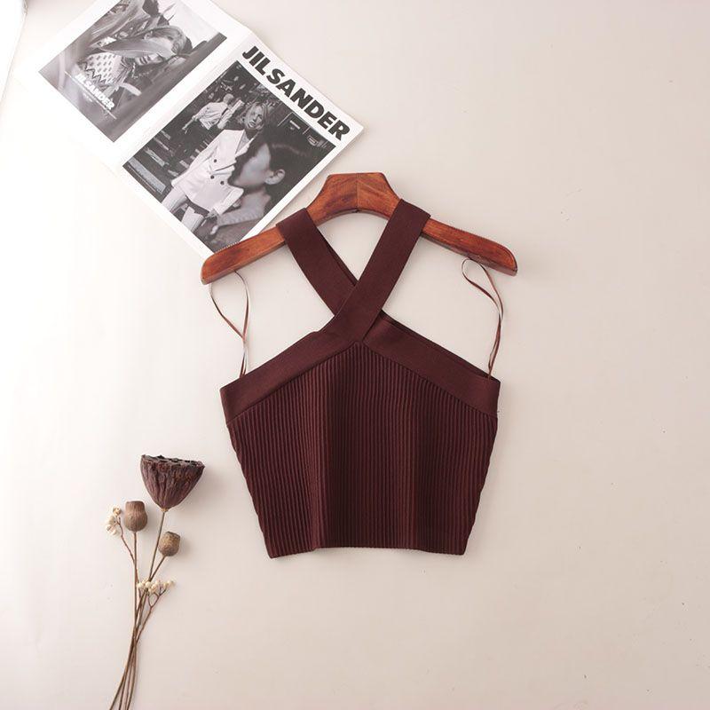 American Fashion Brand Cross Hanging Neck Cami Summer Rib Solid Sexy Short Knitted Top Women