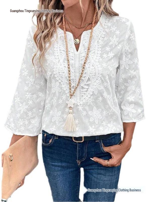 Spring & Autumn Casual Embroidered Lace V-neck Women's Top