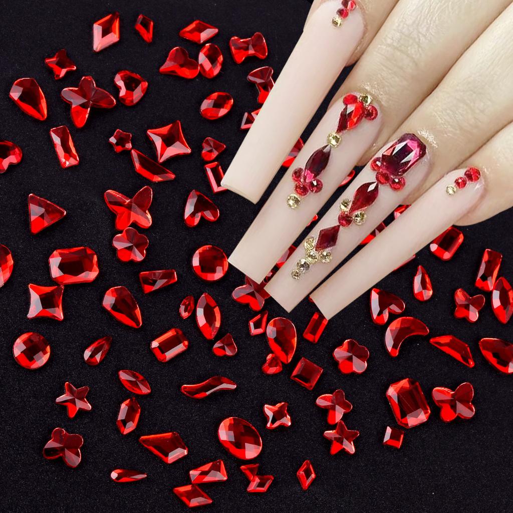 1440 Glas Diamanten mit flachem Boden, Große Rote Spezialgeformte Nagelkunst-Diamanten, DIY Trage-Nagel-Accessoires, Materialien, Spezialgeformte Diamanten