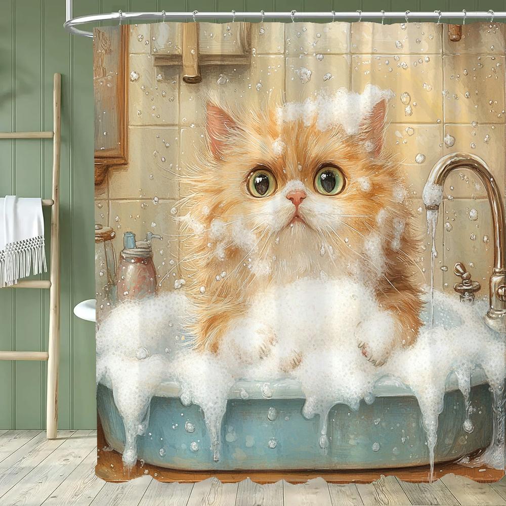 Cartoon Hipster Cat Shower Curtain - With Hooks, Easy To Clean, Adds a Quirky and Stylish Touch To Your Bathroom Decor Curtain