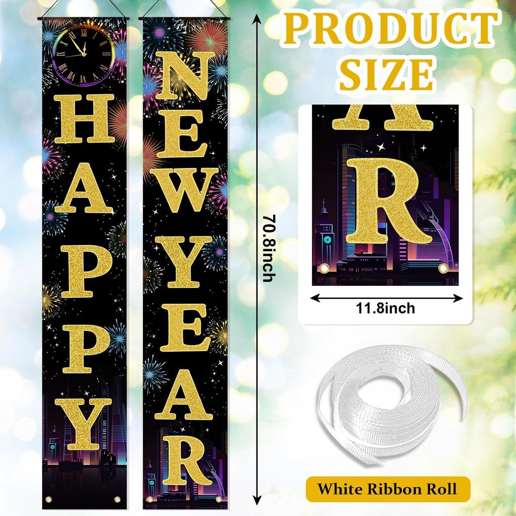 Happy New Year Door Banner Porch Signs Welcome Banner for Home Holiday Winter 2025 New Year Eve Party Supplies Backdrop Hanging Decor Yard Sign for